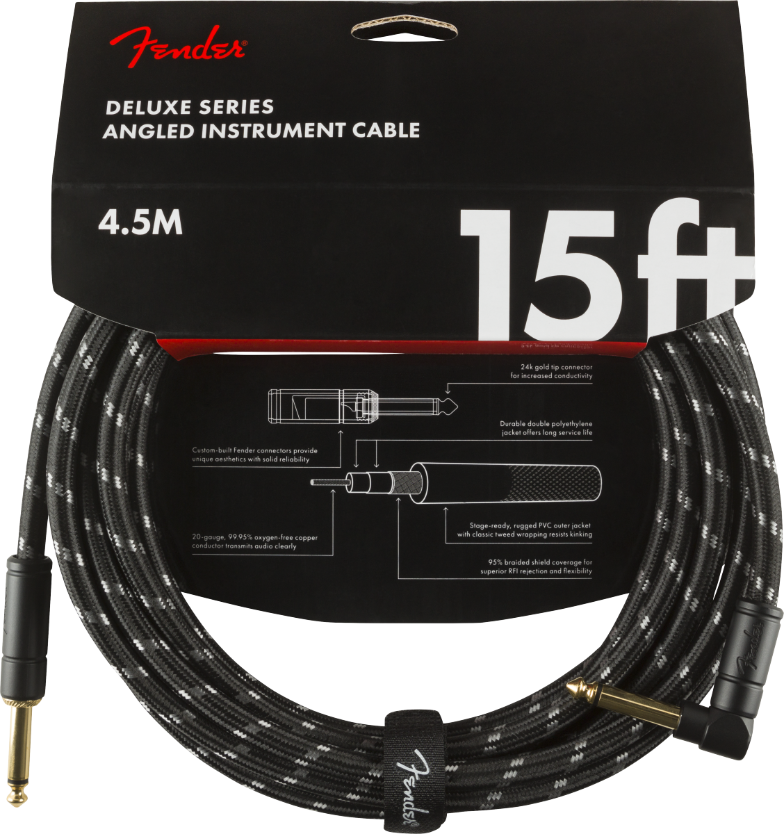 Fender Deluxe Guitar Cable Angle Connector (Black Tweed, 4.5m)