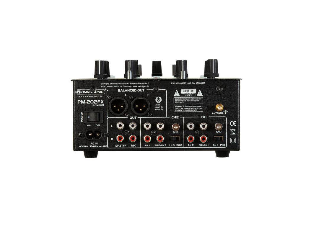 OMNITRONIC PM-202FX 2-kanavainen DJ-mikseri suodattimella, FX-toiminnoilla ja Bluetooth
