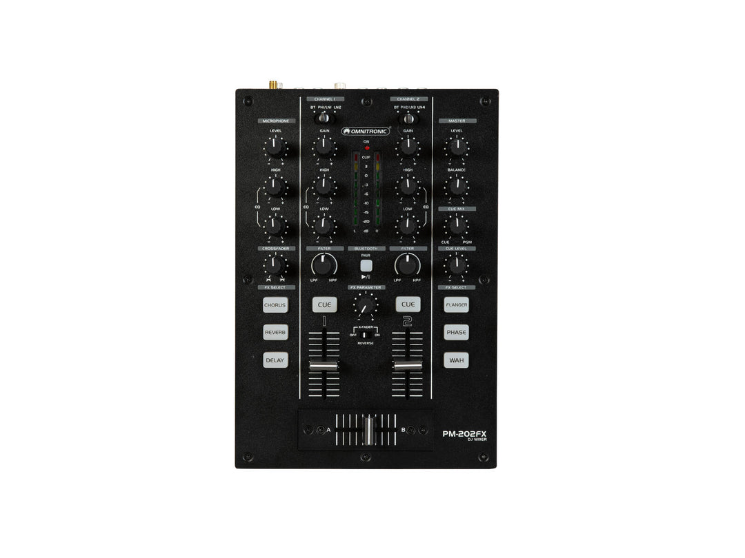 OMNITRONIC PM-202FX 2-kanavainen DJ-mikseri suodattimella, FX-toiminnoilla ja Bluetooth