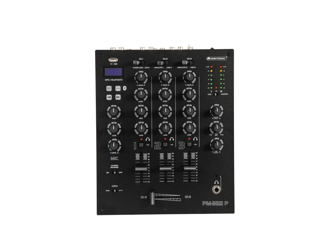 OMNITRONIC PM-322P 3-kanavainen DJ-mikseri, jossa Bluetooth ja USB-soitin