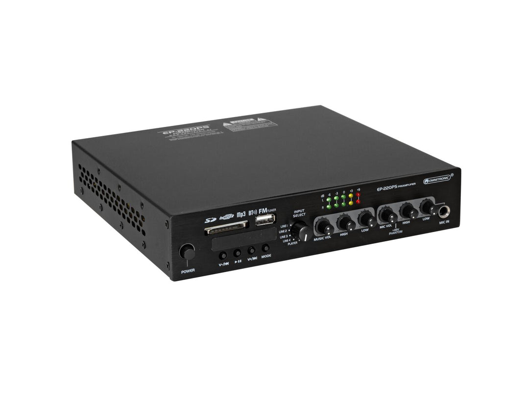 OMNITRONIC EP-220PS Etuvahvistin MP3-soittimella, Bluetoothilla ja FM-radiossa 9.5"