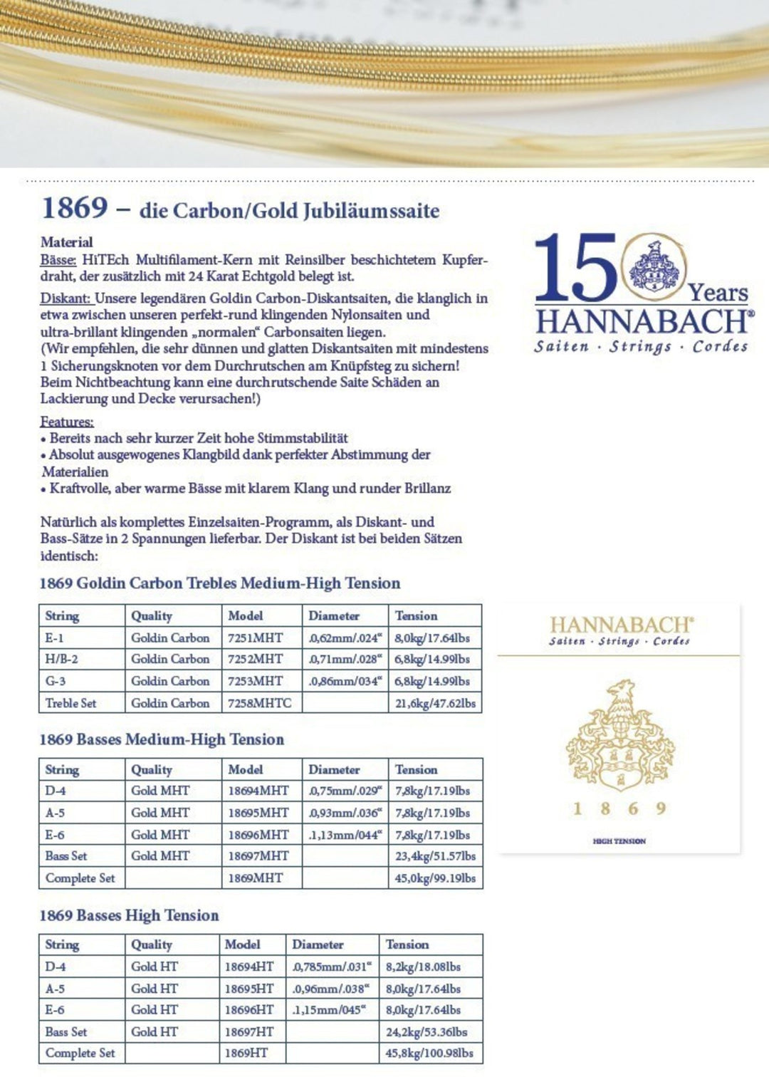 Hannabach Strings for classic Kitarat Serie 1869 Carbon/Gold MHT - Set MHT (1869MHT)