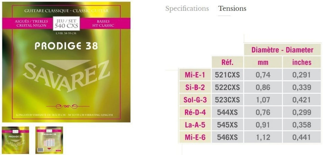 Savarez-kielet klassiselle kitaralle Prodige 38 Lasten kitara - 1/8-1/2 Carbon (500 AXS)