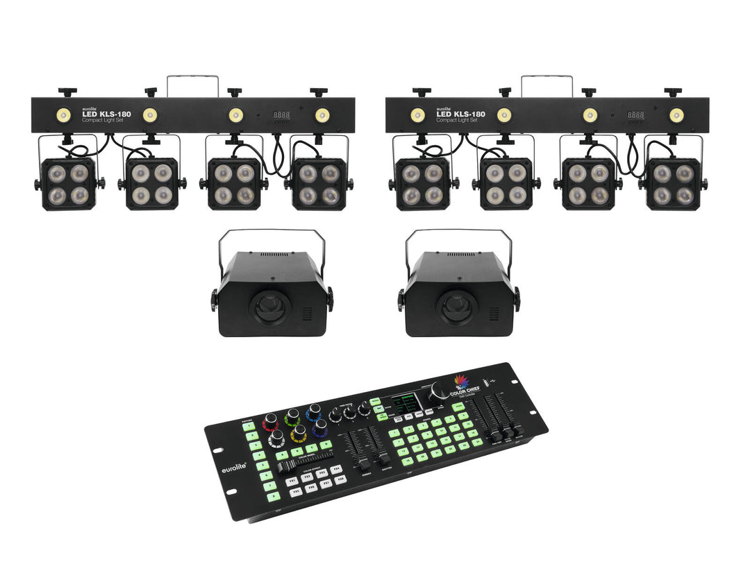 EUROLITE Sarja 2x LED KLS-180 + 2x LED WF-40 + DMX LED Color Chief Controller
