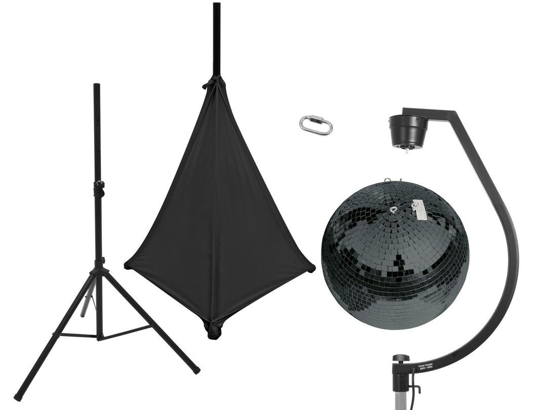 EUROLITE-setti, 50 cm:n musta peilipallo, stand ja kolmijalka cover, musta