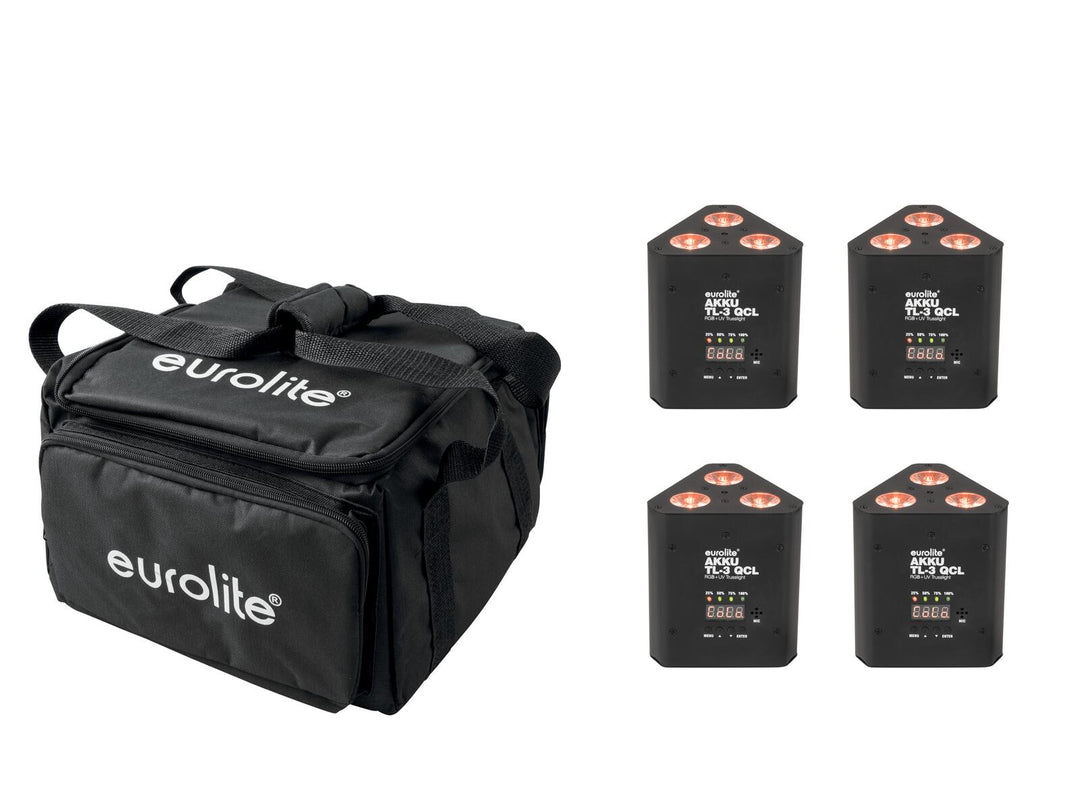 EUROLITE Set 4x AKKU TL-3 QCL RGB+UV Trusslight + SB-4 Pehmeä laukku