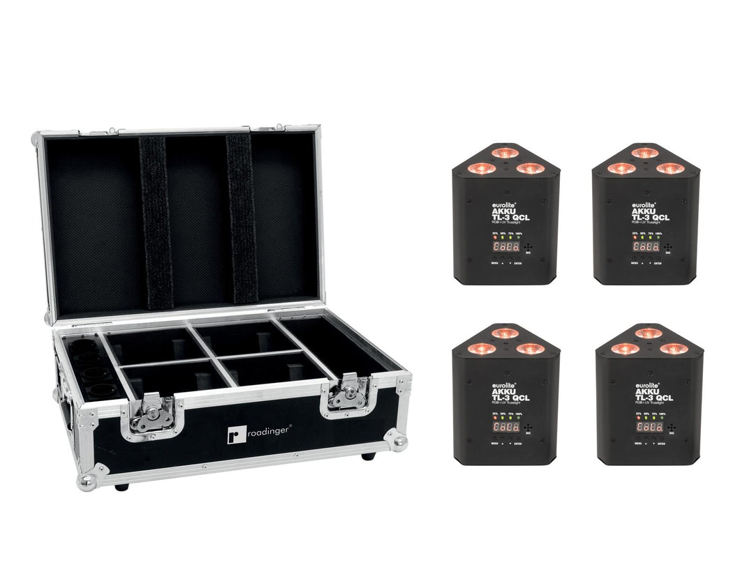 EUROLITE Set 4x AKKU TL-3 QCL RGB+UV Trusslight + Case lataustoiminnolla