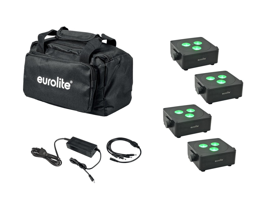 EUROLITE Set 4x AKKU IP Flat Light 3 bk + laturi + pehmeä laukku