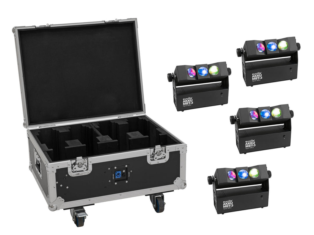 EUROLITE Set 4x AKKU MBT-3 Spot MK2 + pyörillä varustettu Flightcase ja lataustoiminto