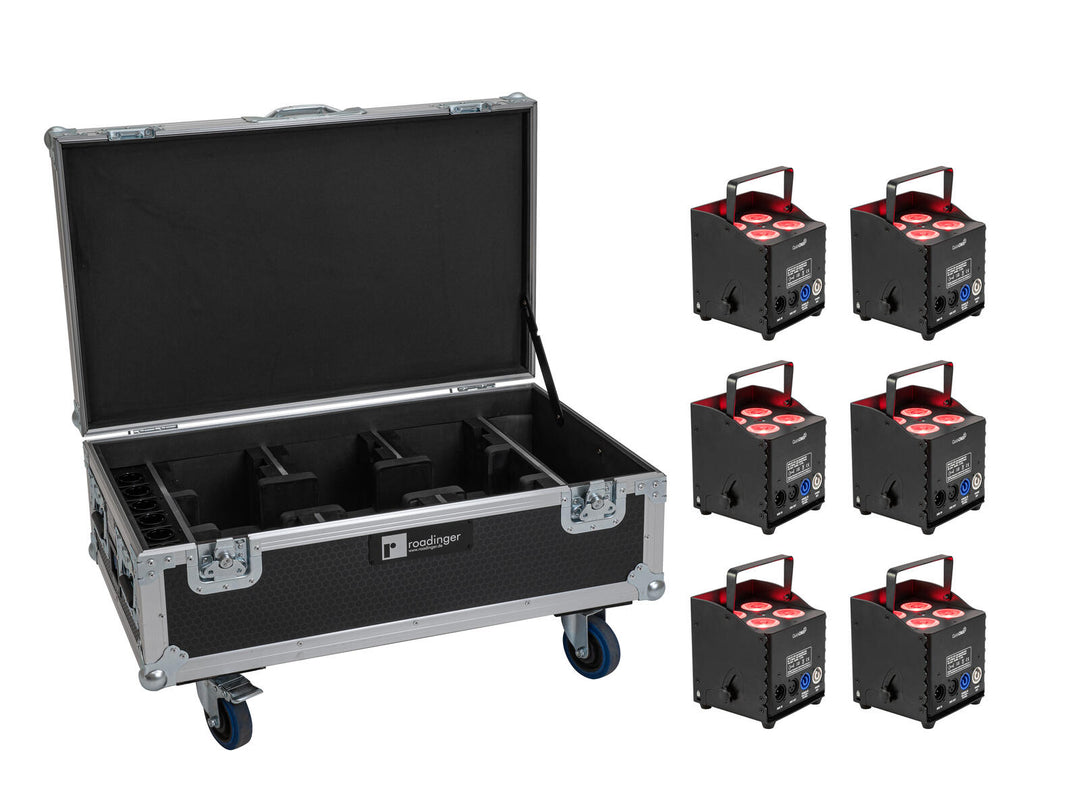 EUROLITE Set 6x AKKU UP-4 QCL Spot QuickDMX MK2 + pyörillä varustettu Flightcase ja lataustoiminto