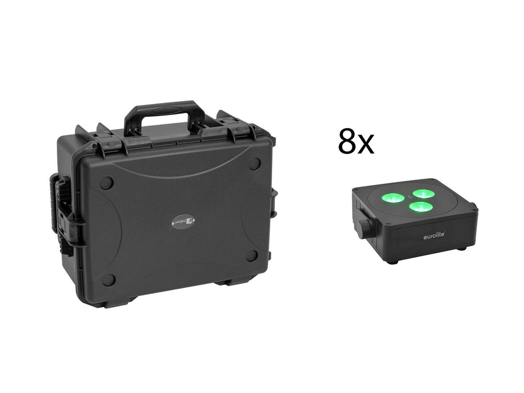 EUROLITE Sarja 8x AKKU IP Flat Light 3 bk + Plastic case vaunulla