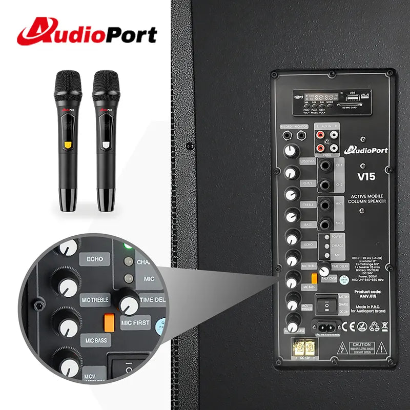 Audioport V15 kannettava aktiivikaiutin 500 W, 2 mikrotonit