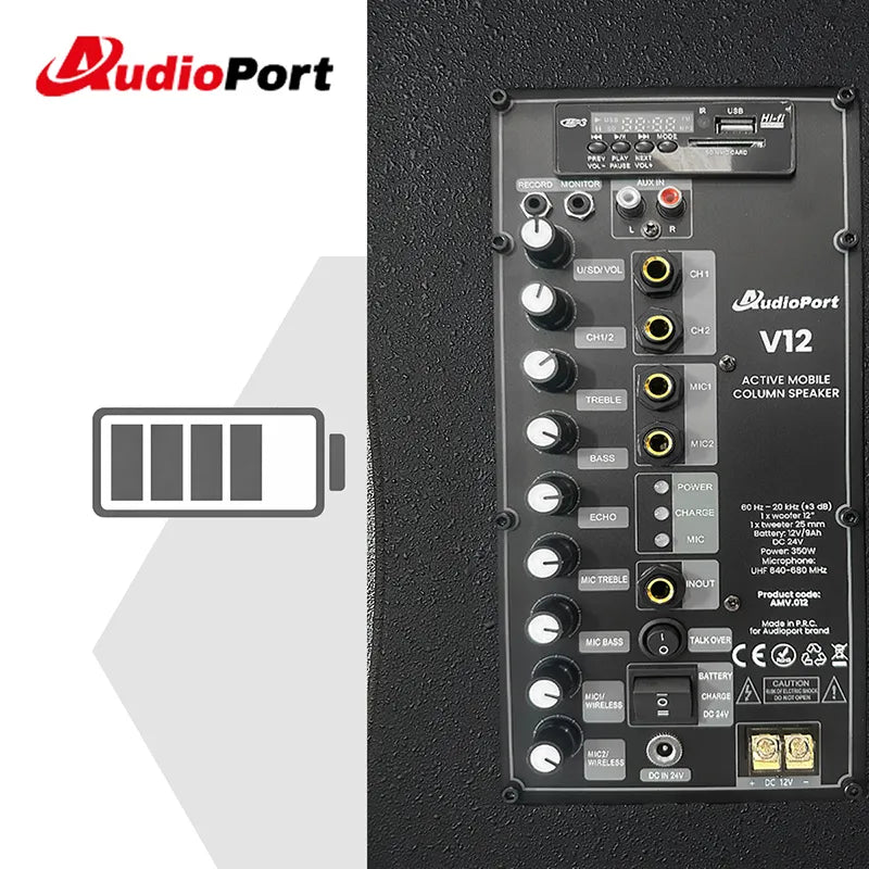 Audioport V12 kannettava aktiivikaiutin 350 W, 2 mikrofonia