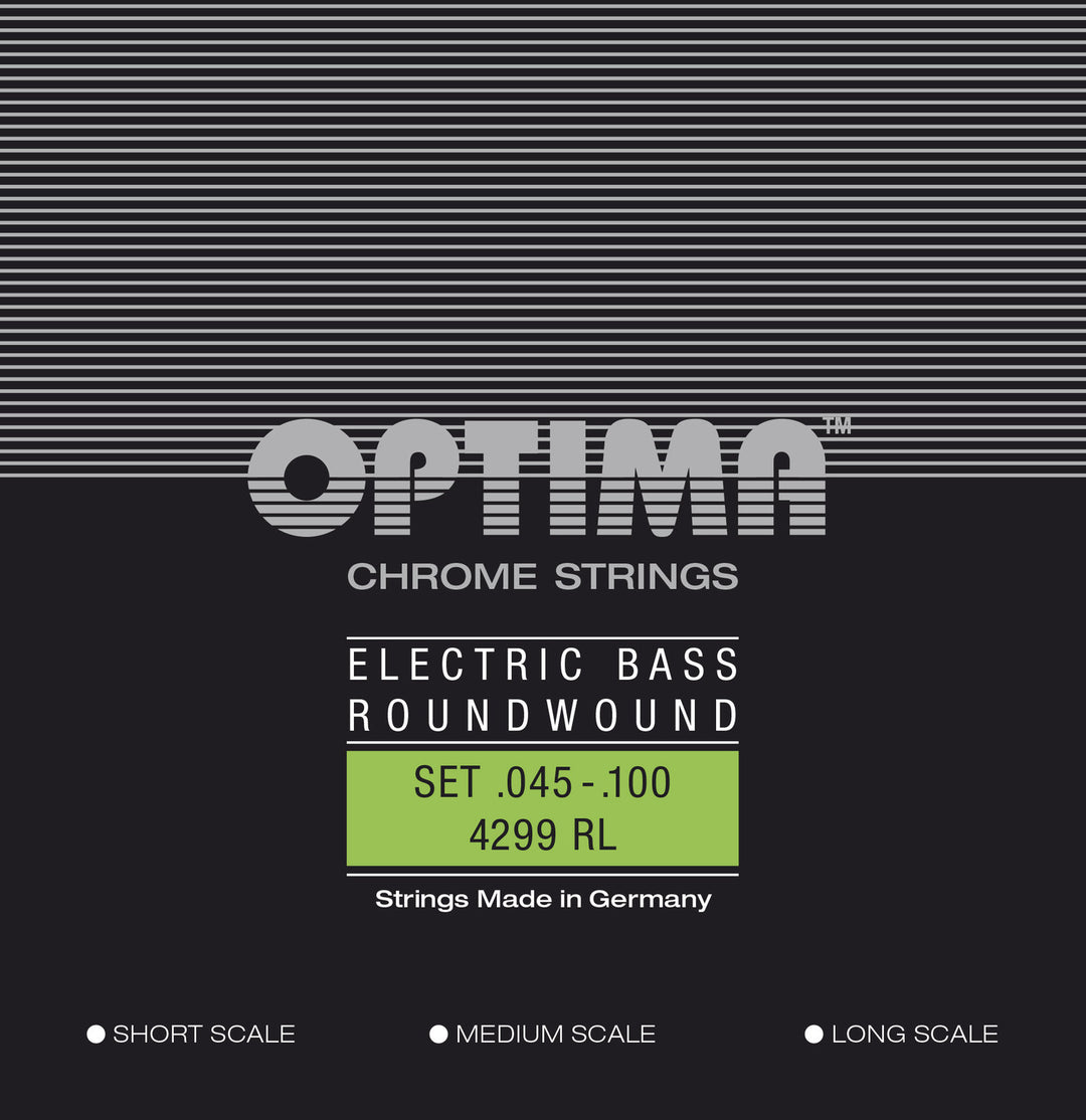 Optima E-Bass Strings Chrome Strings. Pyöreä punos, Medium Scale - Set 4-kielinen reg-light (4299M)