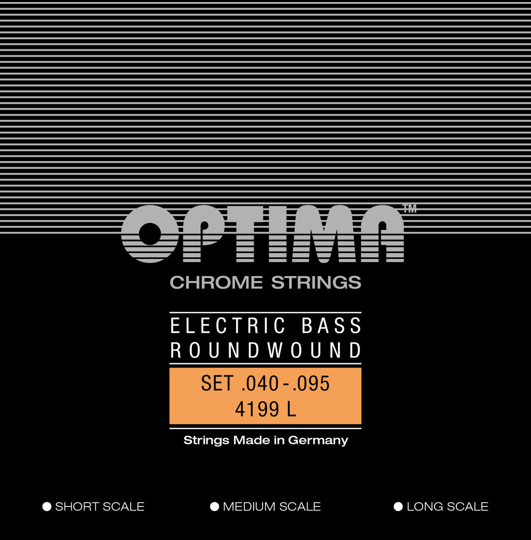 Optima sähköbasson kielet Chrome Strings. Pyöreäpunotut Medium Scale - set 4-kielinen light (4199M)
