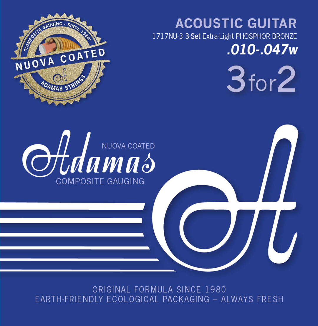 Adamas Strings for Acoustic Kitarat Nuova phosphor bronze coated set (3) - Set of 3 Ex-Light .010 (1717NU-3)