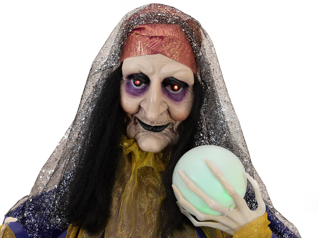Halloween-figur spåkone med krystalkugle, animeret, 40 cm