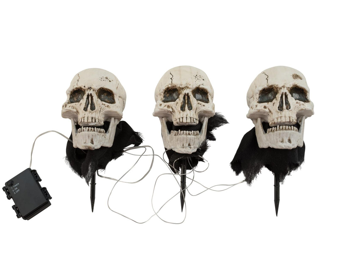 Halloween kraniehoveder med jordspyd, 3 stk., 29 cm
