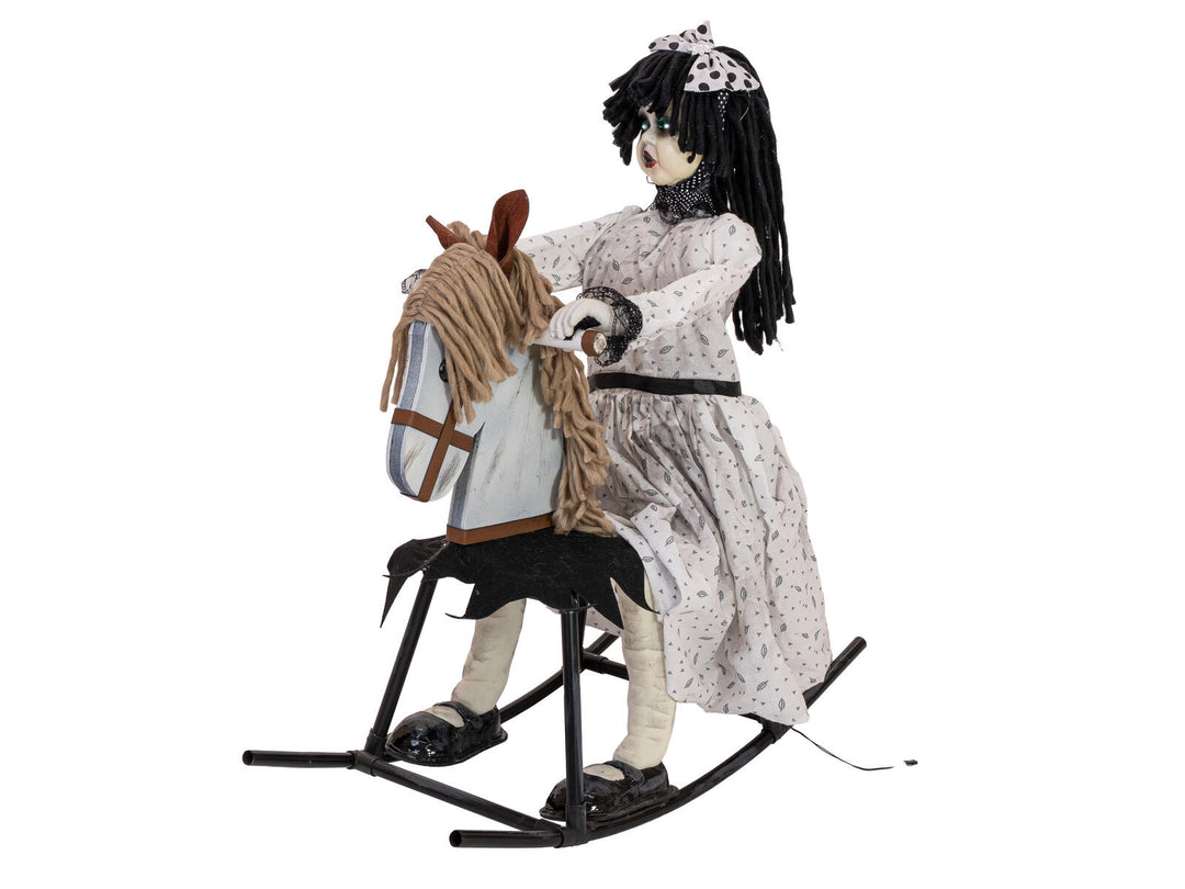 Halloween-figur pige på gyngehest, animeret, 72 cm