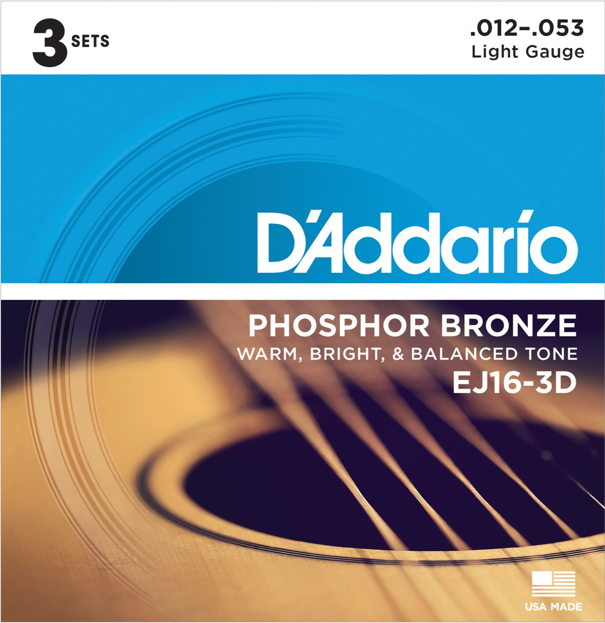 Daddario EJ16-3D Fosforipronssiset kitarajouset 3-pak (Light, 12-53)