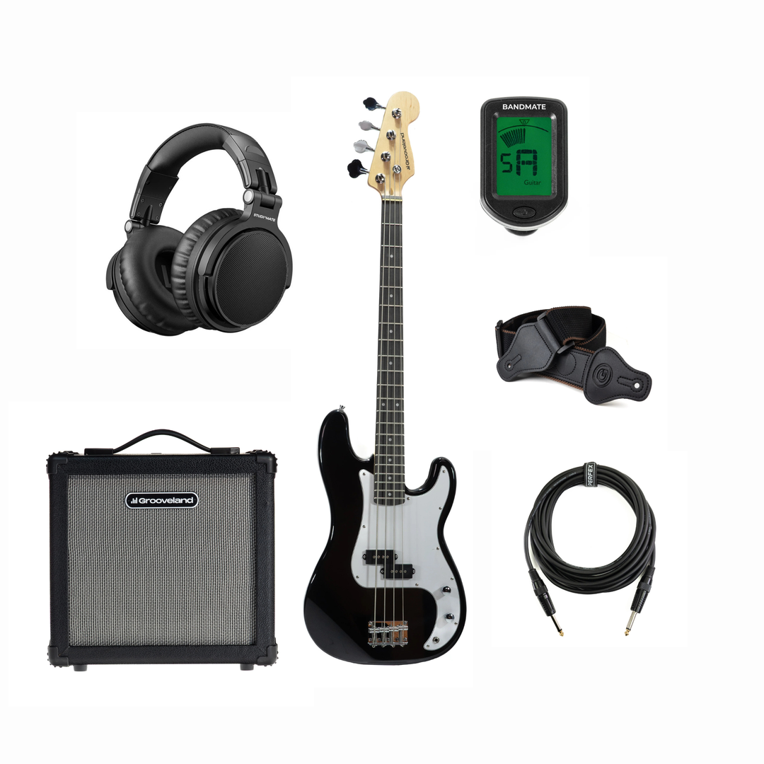 Grooveland PB Sähköbasso (Musta) aloituspaketti