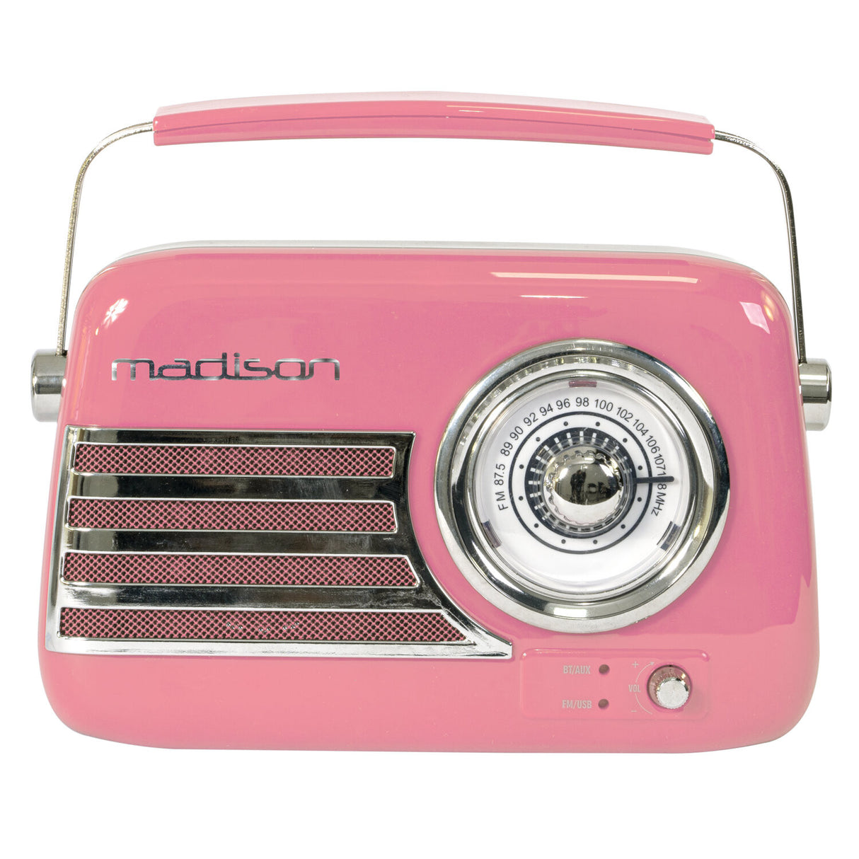 Madison Retro Radio, jossa on Bluetooth ja FM (vaaleanpunainen).