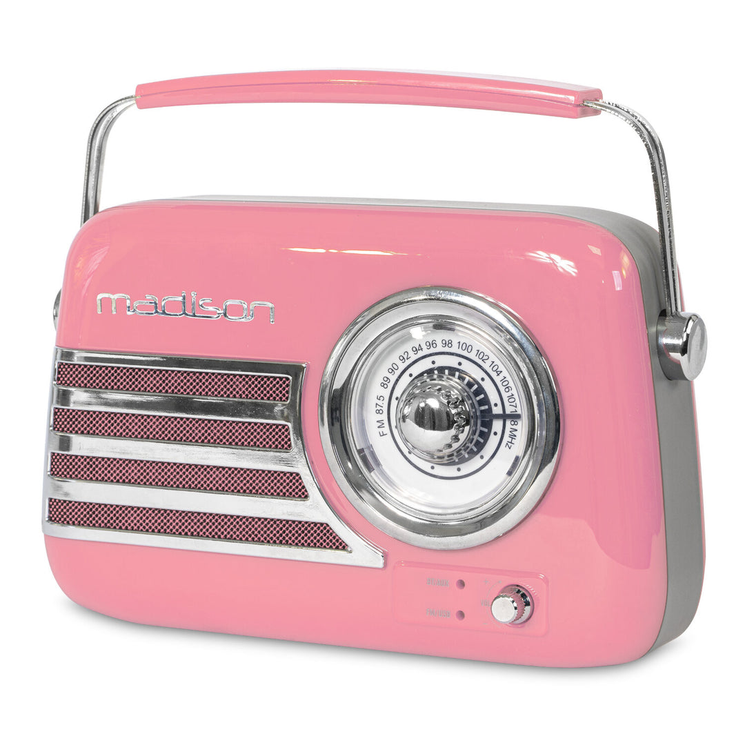 Madison Retro Radio, jossa on Bluetooth ja FM (vaaleanpunainen).