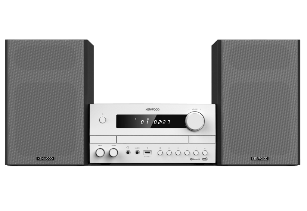 Kenwood M-822DAB Mini System, jossa on Bluetooth ja DAB+ (valkoinen).
