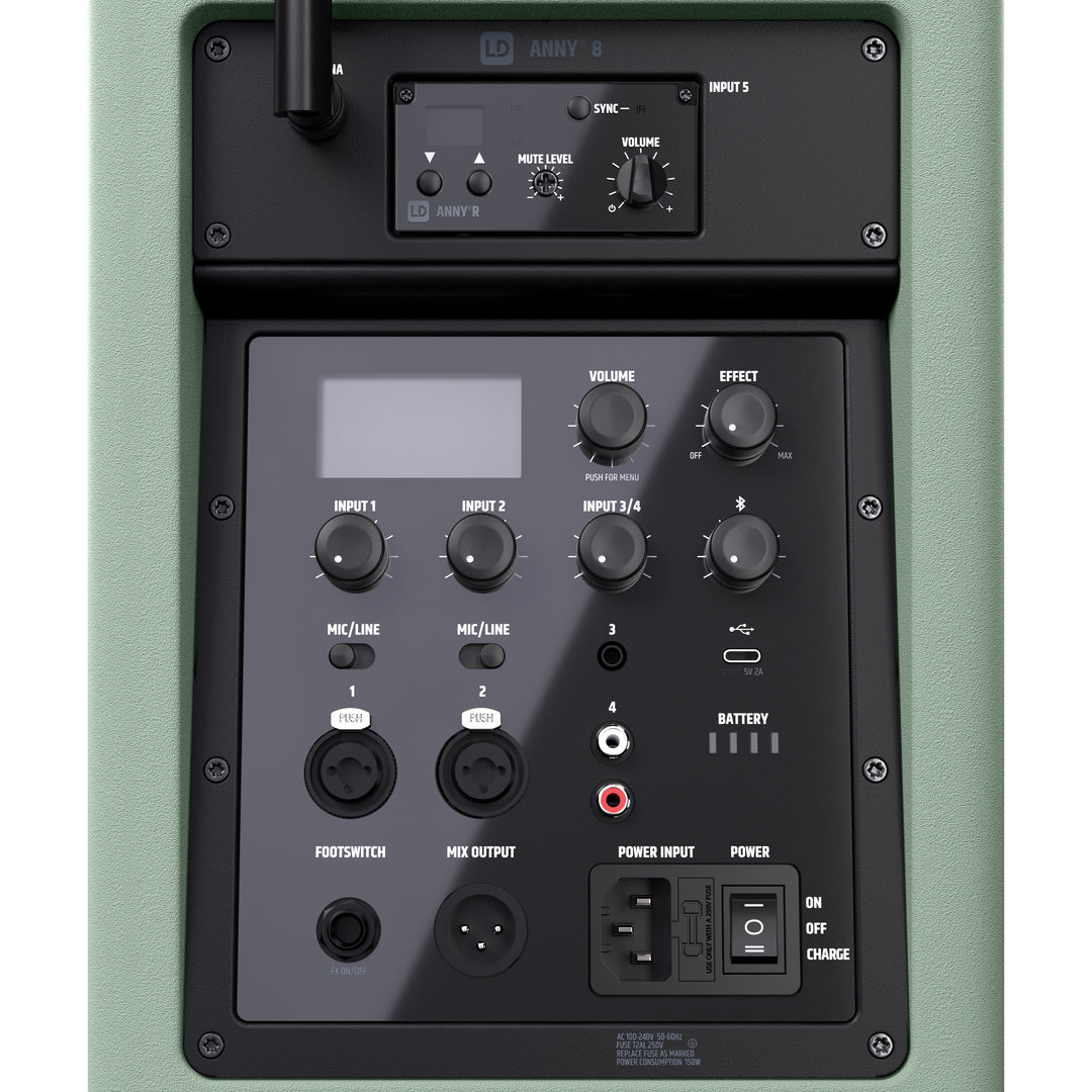 LD Systems ANNY® 8 BPH B6 GN - Kannettava paristoilla toimiva Bluetooth® PA-kaiutin, jossa mikseri ja 1x headset-mikrofoni (sis. bodypack), Adventure Green