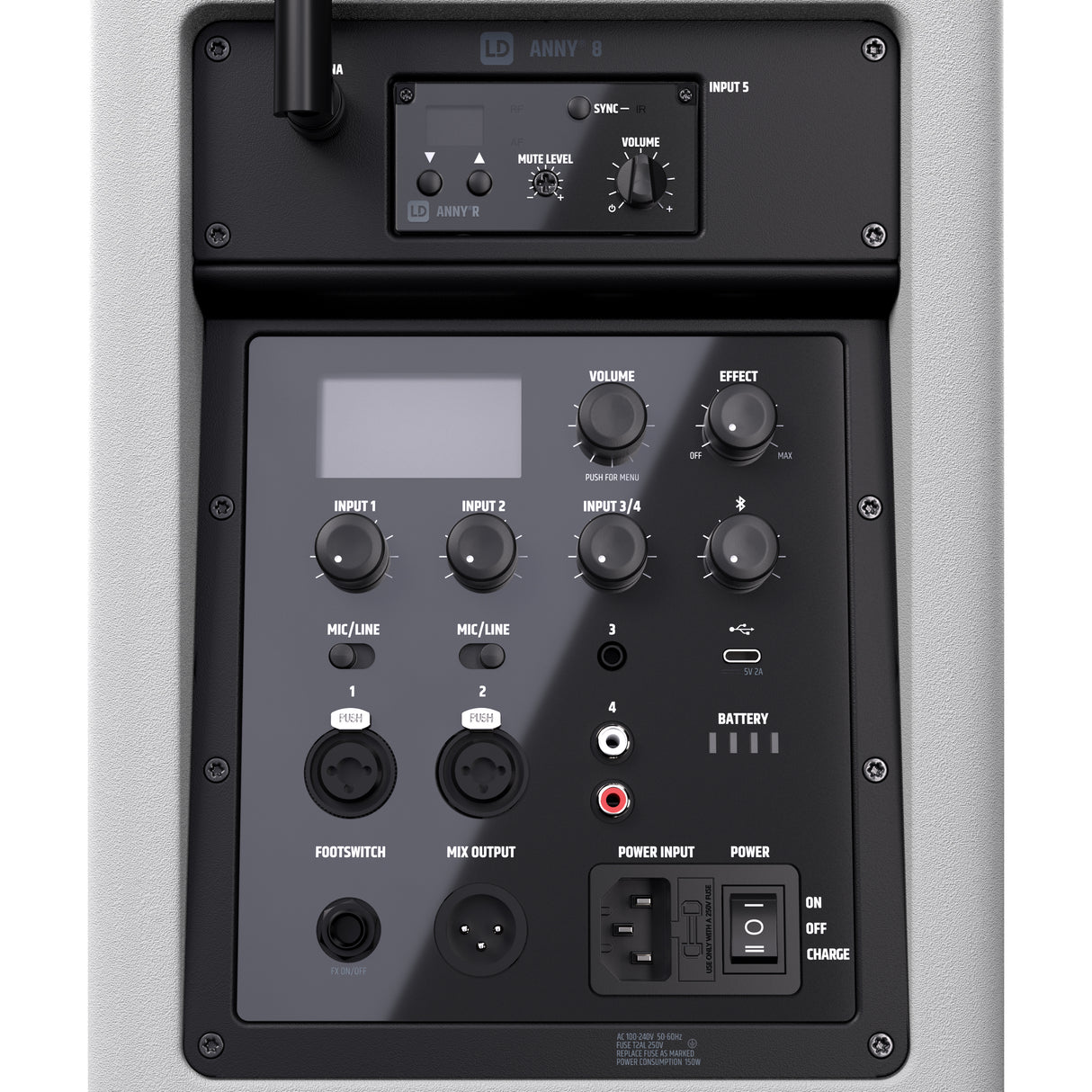 LD Systems ANNY® 8 BPH B6 W - Bærbar batteridrevet Bluetooth® PA-højttaler med mixer og 1x headset-mikrofon (inkl. bodypack), Pure White