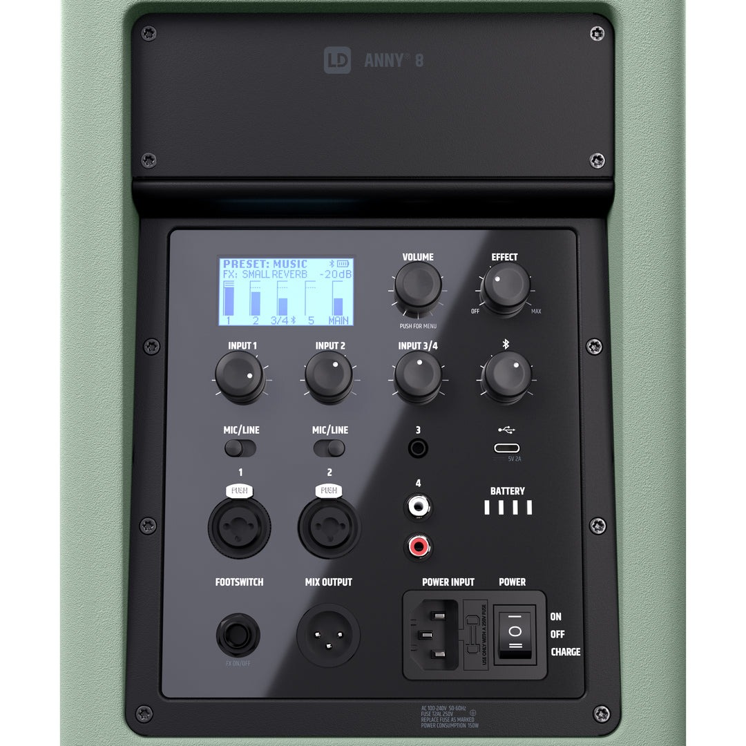 LD Systems ANNY® 8 GN - Kannettava akkuvetoisella Bluetooth® PA-kaiuttimella ja miksauksella, Adventure Green