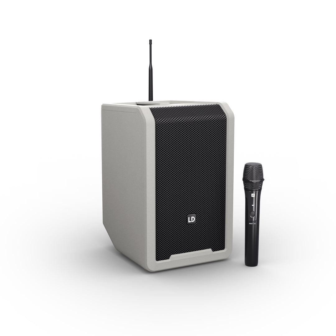 LD Systems ANNY® 8 HHD B8 G - Kannettava akulla toimiva Bluetooth® PA-kaiutin mikserillä ja 1 langattomalla käsimikrofoni, Urban Grey