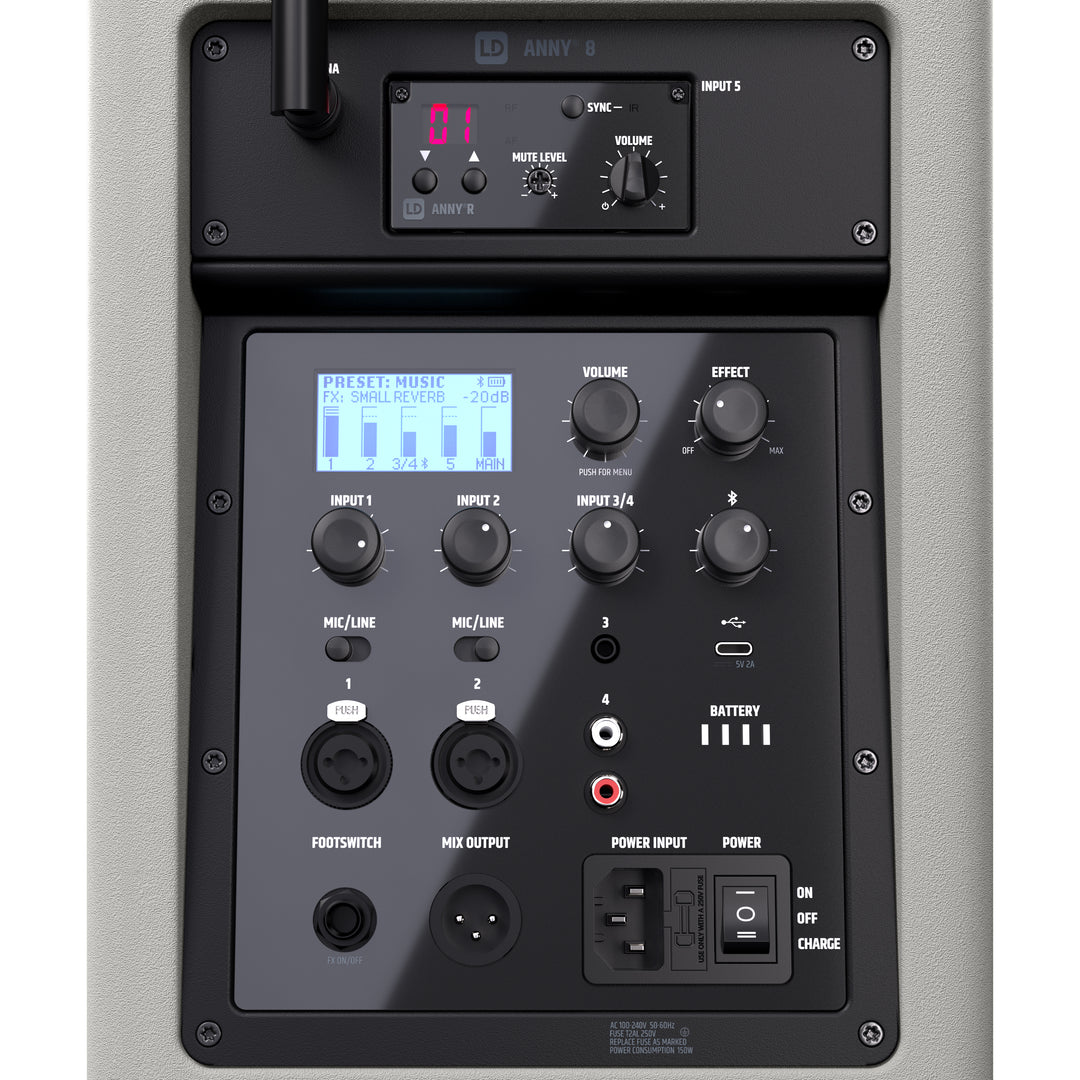LD Systems ANNY® 8 HHD B8 G - Kannettava akulla toimiva Bluetooth® PA-kaiutin mikserillä ja 1 langattomalla käsimikrofoni, Urban Grey