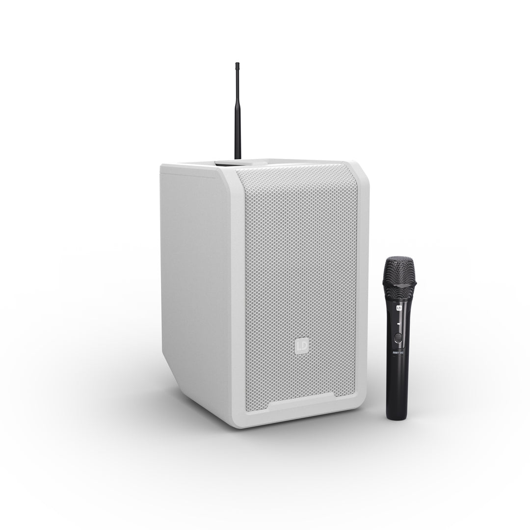 LD Systems ANNY® 8 HHD B8 W - Kannettava akkukäyttöinen Bluetooth® PA-kaiutin mikserillä ja 1x langattomalla käsimikrofonilla, puhtaan valkoinen