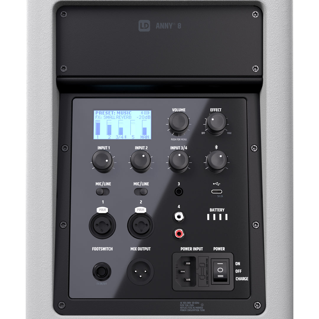 LD Systems ANNY® 8 W - Kannettava paristokäyttöinen Bluetooth® PA-kaiutin mikserillä, puhdas valkoinen