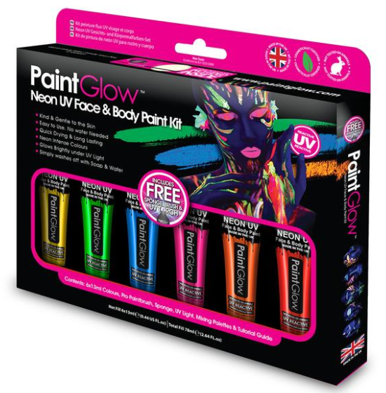 Neon UV kasvot- ja vartalomaalaus setti
