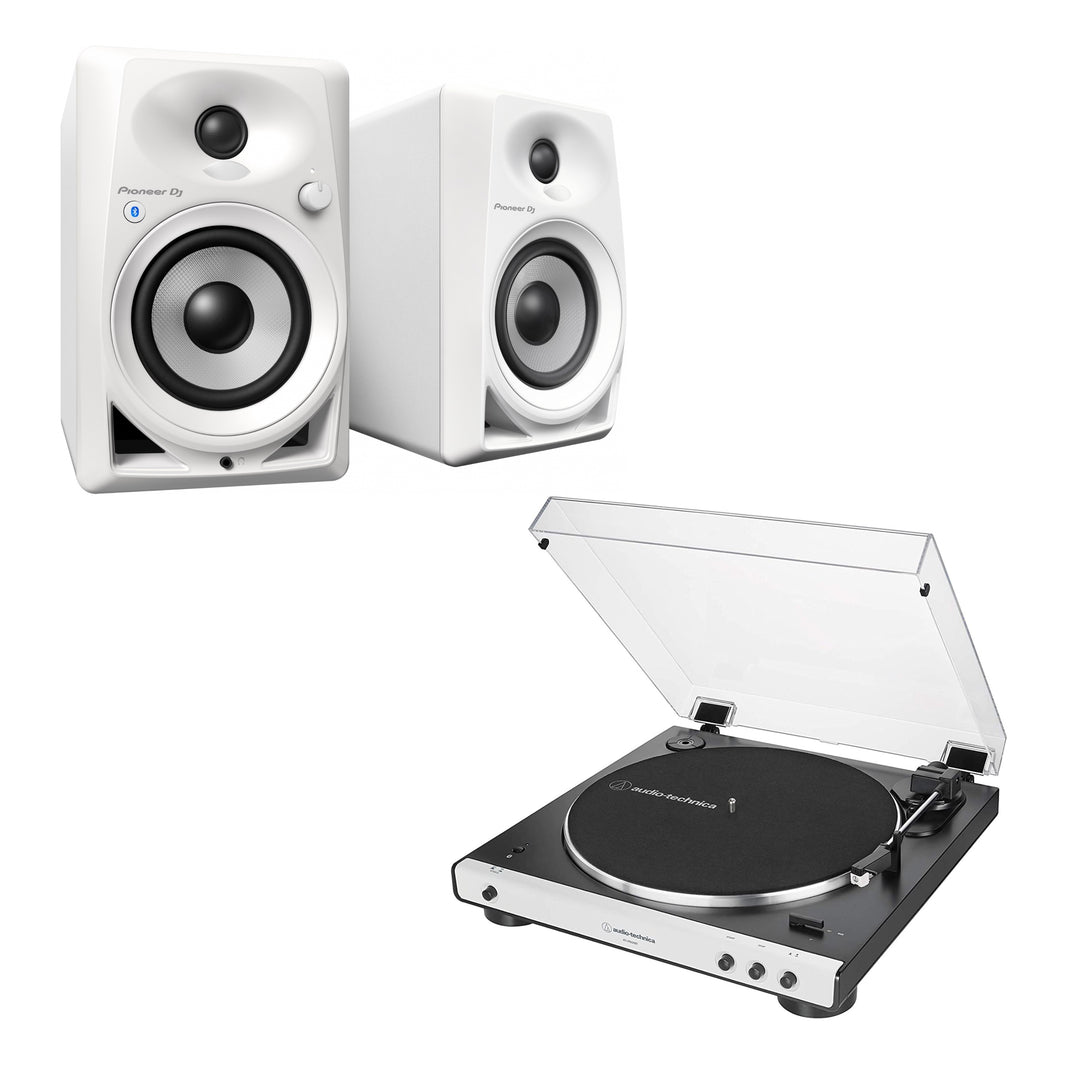 Audio-Technica AT-LP60XBT-WH + Pioneer DM-40BT-W Bluetooth kaiuttimet.