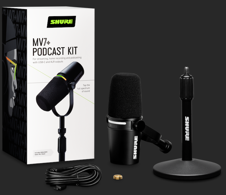 Shure MV7+ Podcast-mikrofoni jalustan kanssa