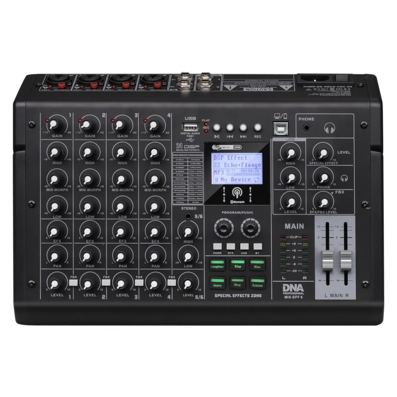 DNA MIX-EFF 6 -analogimikseri, 6 kanavaa, Bluetooth, USB ja DSP