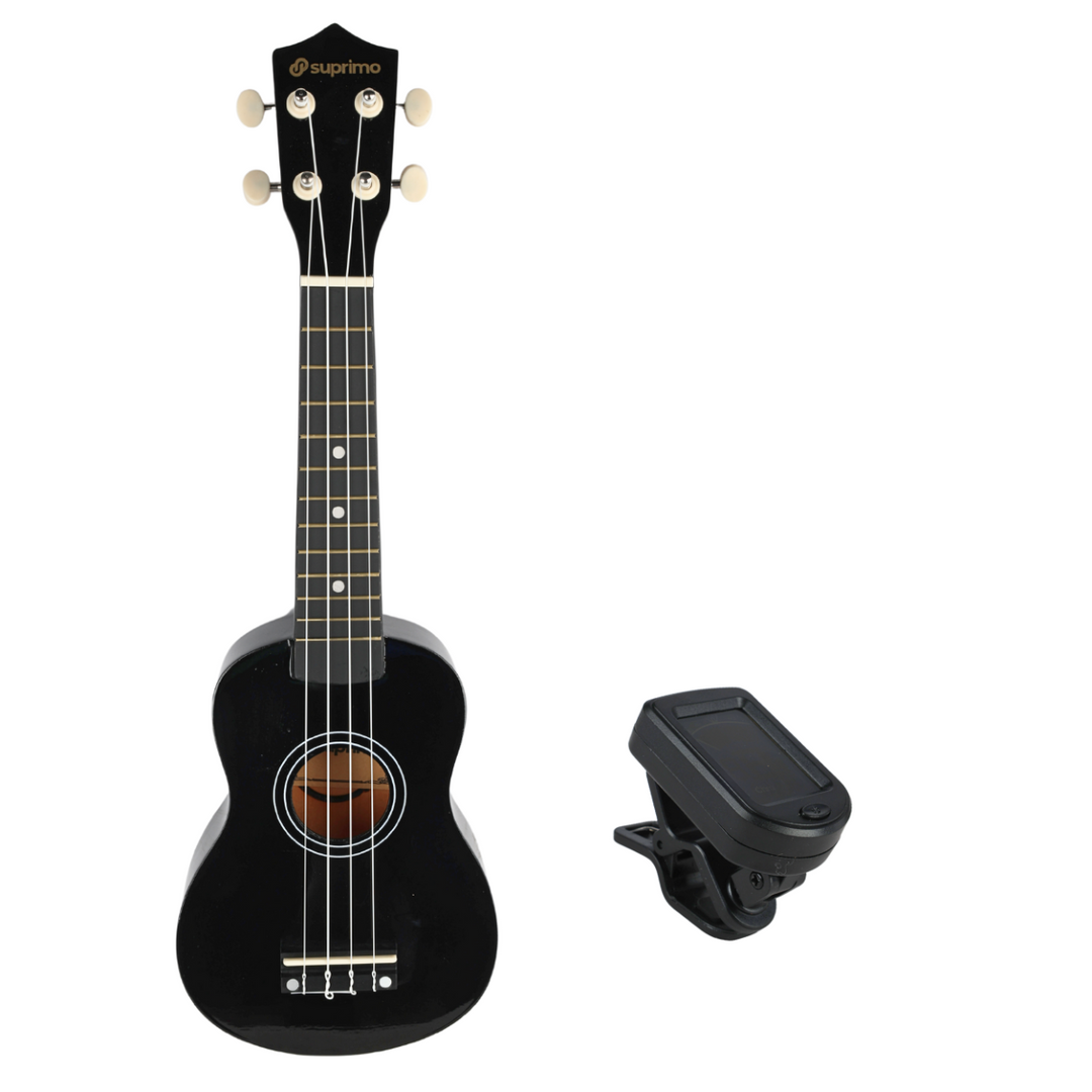 Ukulele-setti Kotelolla, viritin ja lisätarvikkeet, musta