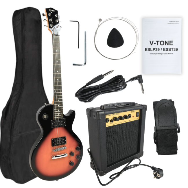 V-Tone ESLP39 SB 4/4 Les Paul sähkökitara-sarja vahvistimen kanssa, Sunburst