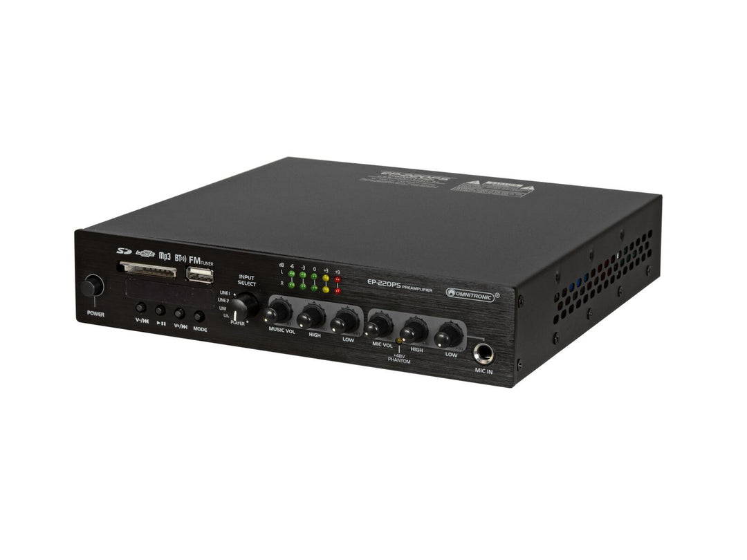 OMNITRONIC EP-220PS Etuvahvistin MP3-soittimella, Bluetoothilla ja FM-radiossa 9.5"