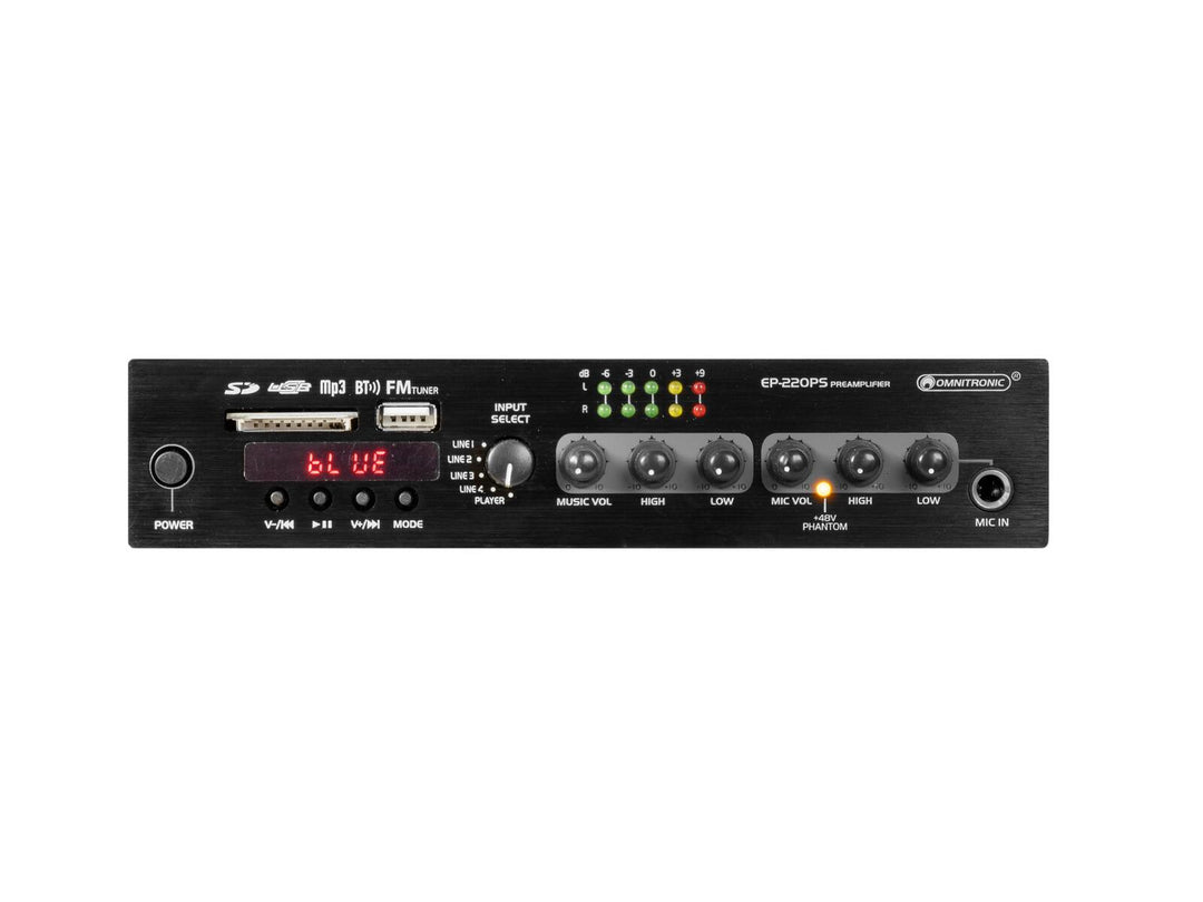 OMNITRONIC EP-220PS Etuvahvistin MP3-soittimella, Bluetoothilla ja FM-radiossa 9.5"