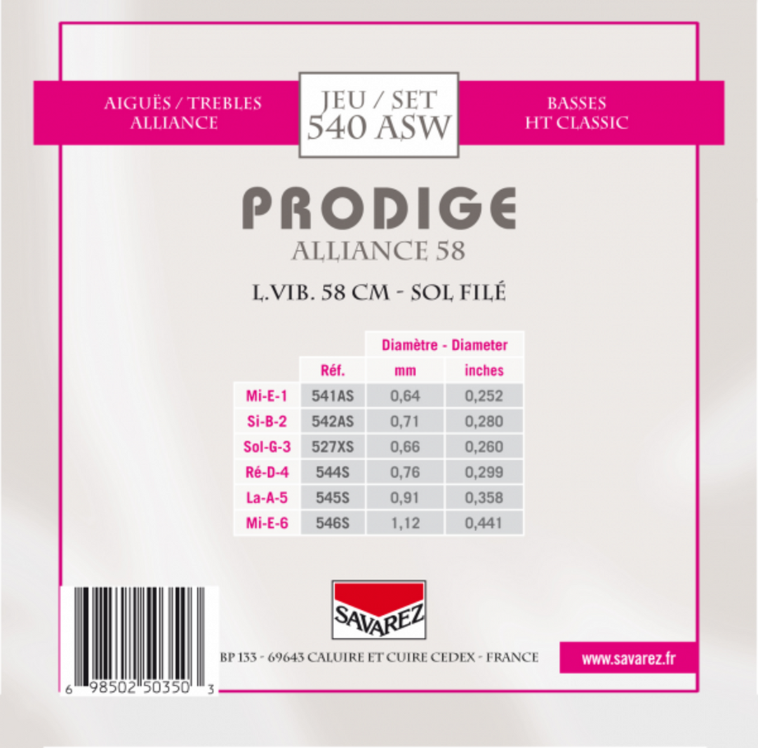 Savarez-kielet klassiselle kitaralle Prodige 38 Children's Guitar - 3/4-7/8 Carbon Gw (540ASW)