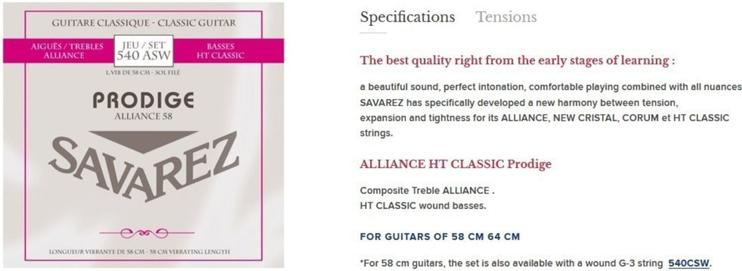 Savarez-kielet klassiselle kitaralle Prodige 38 Children's Guitar - 3/4-7/8 Carbon Gw (540ASW)