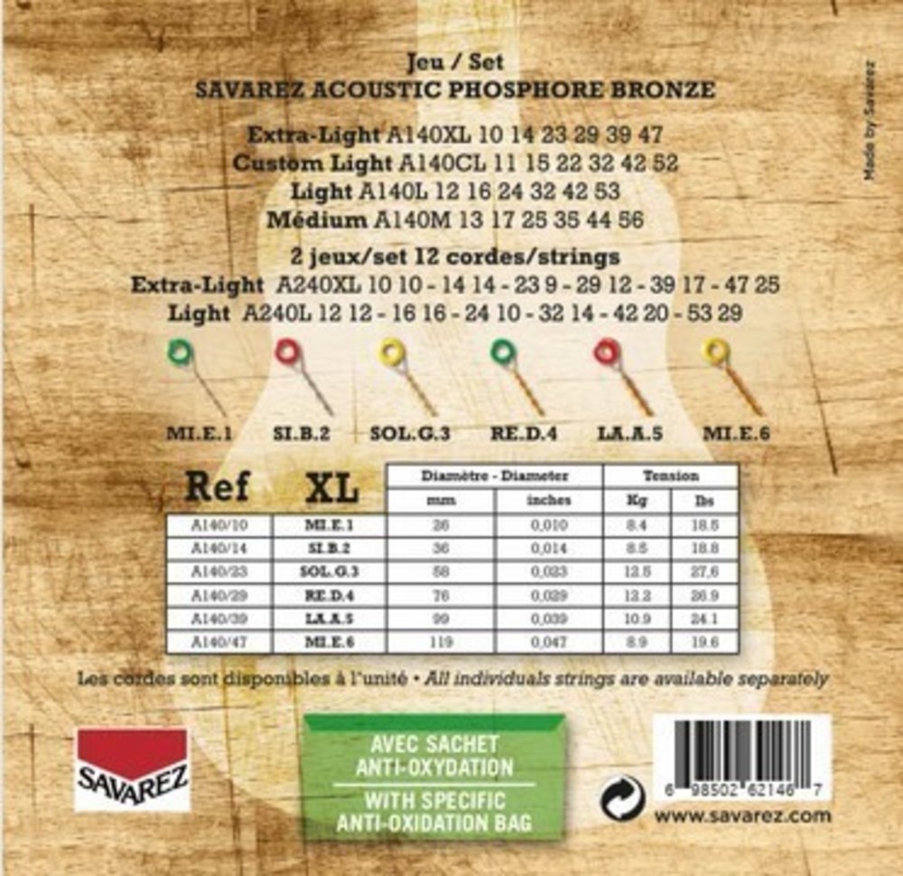 Savarez A140XL Acoustic Phosphor Bronze, extra light .010–.047, kitaralle