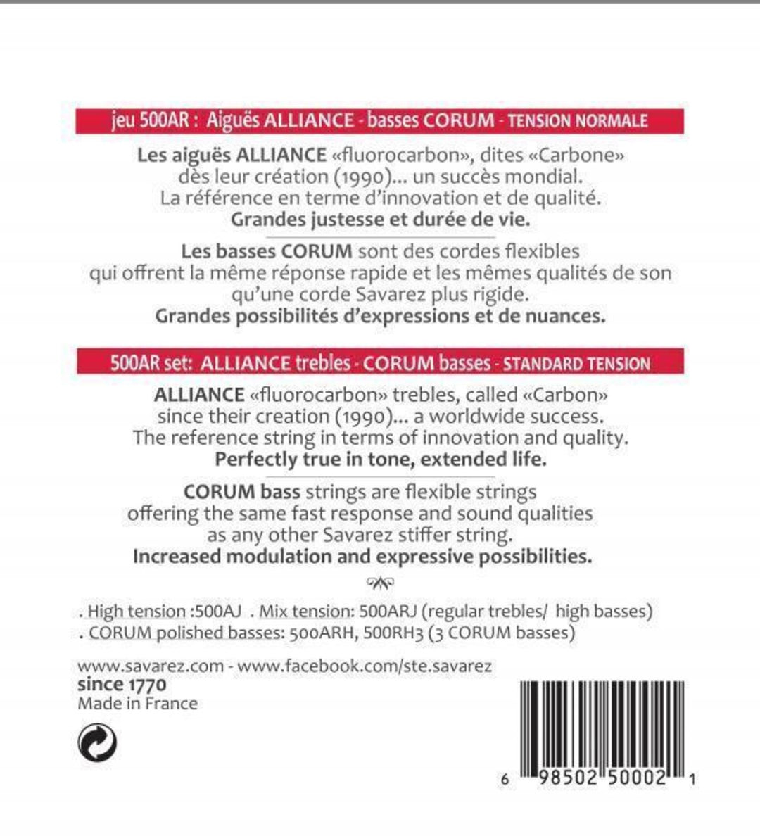 Savarez Klassisen kitaran kielet Alliance Corum - Set Standard (500AR)