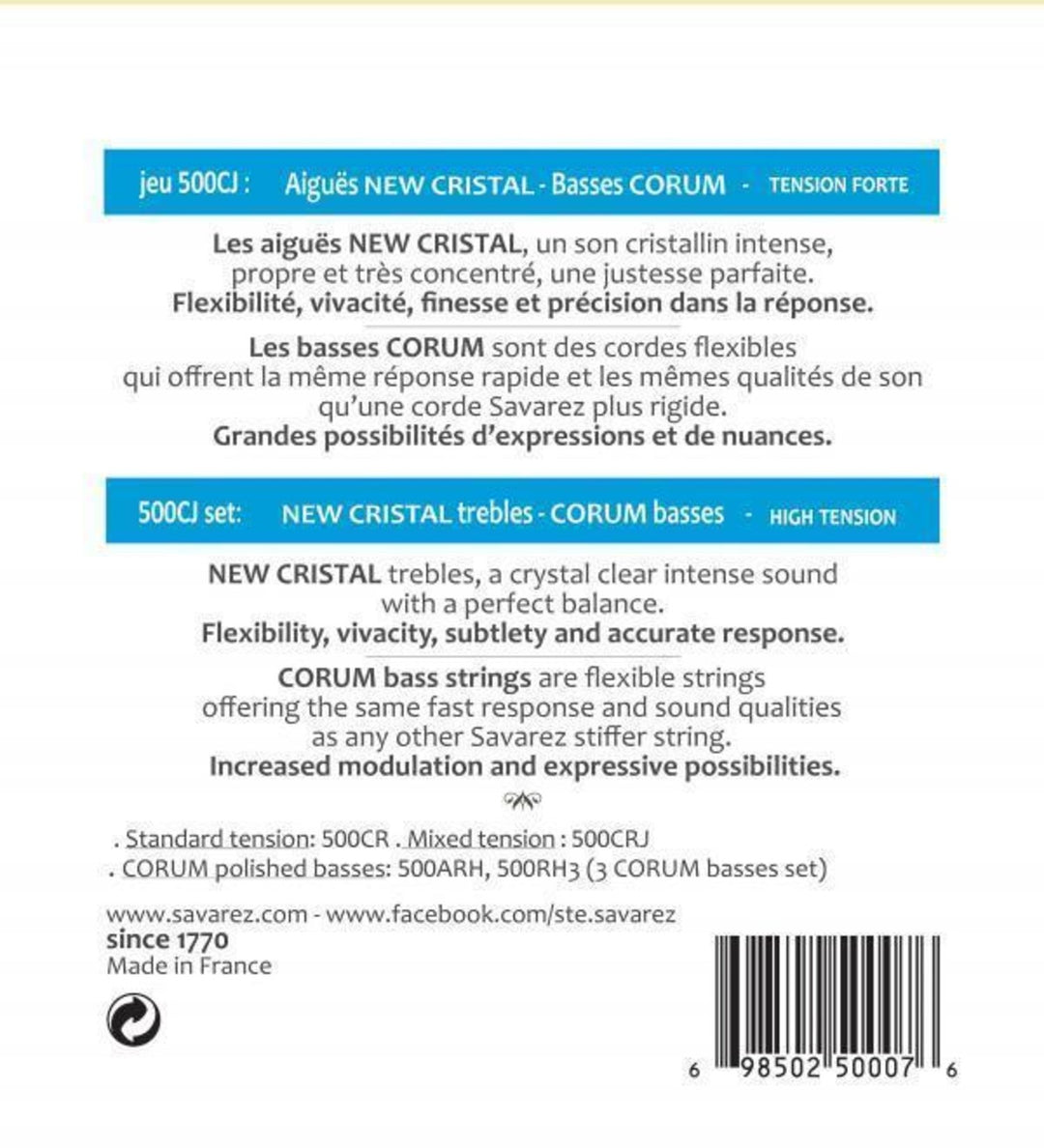 Savarez -kielet klassiselle kitaralle Corum New Cristal - sarja (500CJ)