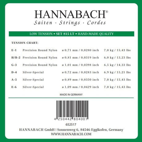 Hannabach 815 -diskanttikielisarja E1, H/B2 ja G3, low tension