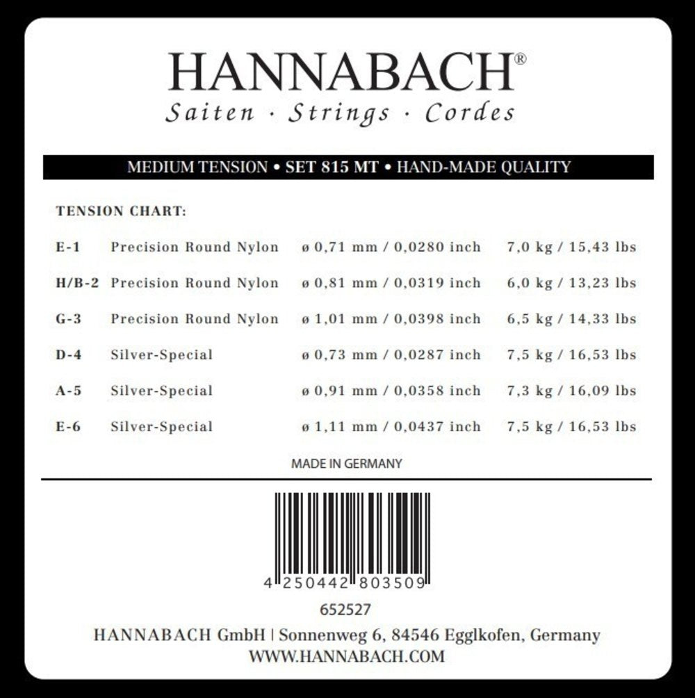 Hannabach 815 diskanttikielisarja E1, H/B2 ja G3, medium jännitys
